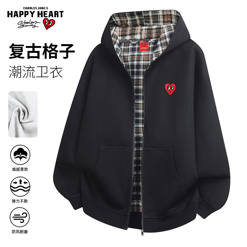 查尔斯桃心美式复古撞色格子连帽开衫卫衣男女款春秋宽松休闲外套