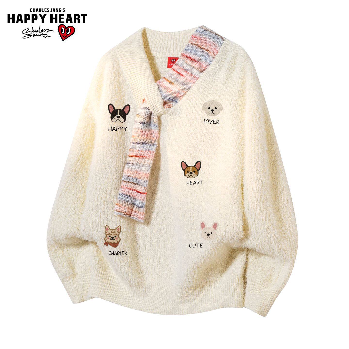 查尔斯桃心小狗印花拼接围脖慵懒毛衣男女宽松休闲冬季情侣针织衫