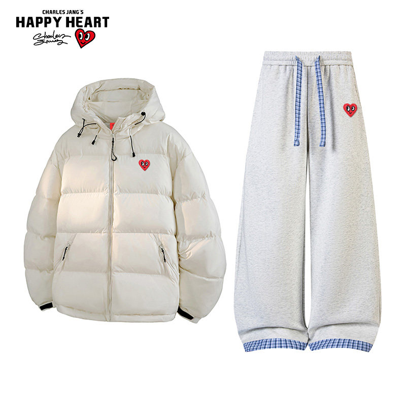 查尔斯桃心休闲套装男女冬季连帽保暖棉衣直筒长裤子休闲两件装潮,男装,休闲运动套装,淘宝优惠券,粉丝福利购,淘宝优惠卷