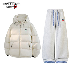 查尔斯桃心休闲套装男女冬季连帽保暖棉衣直筒长裤子休闲两件装潮