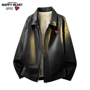 查尔斯桃心美式复古美拉德加绒皮衣夹克男冬新款防风保暖棉服外套