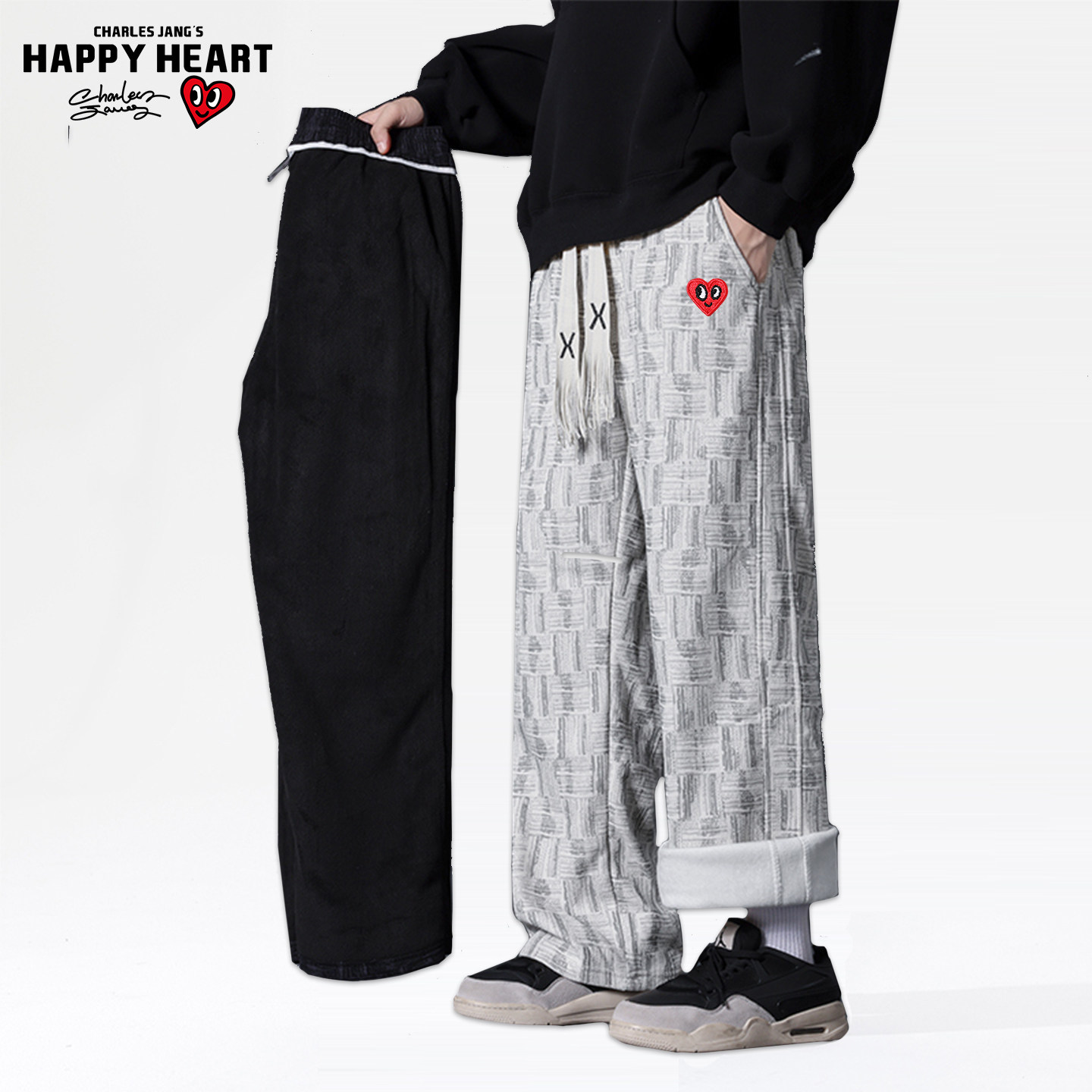 查尔斯桃心美式重磅格子休闲长裤男女秋冬季加绒加厚宽松情侣直筒,男装,休闲裤,淘宝优惠券,粉丝福利购,淘宝优惠卷