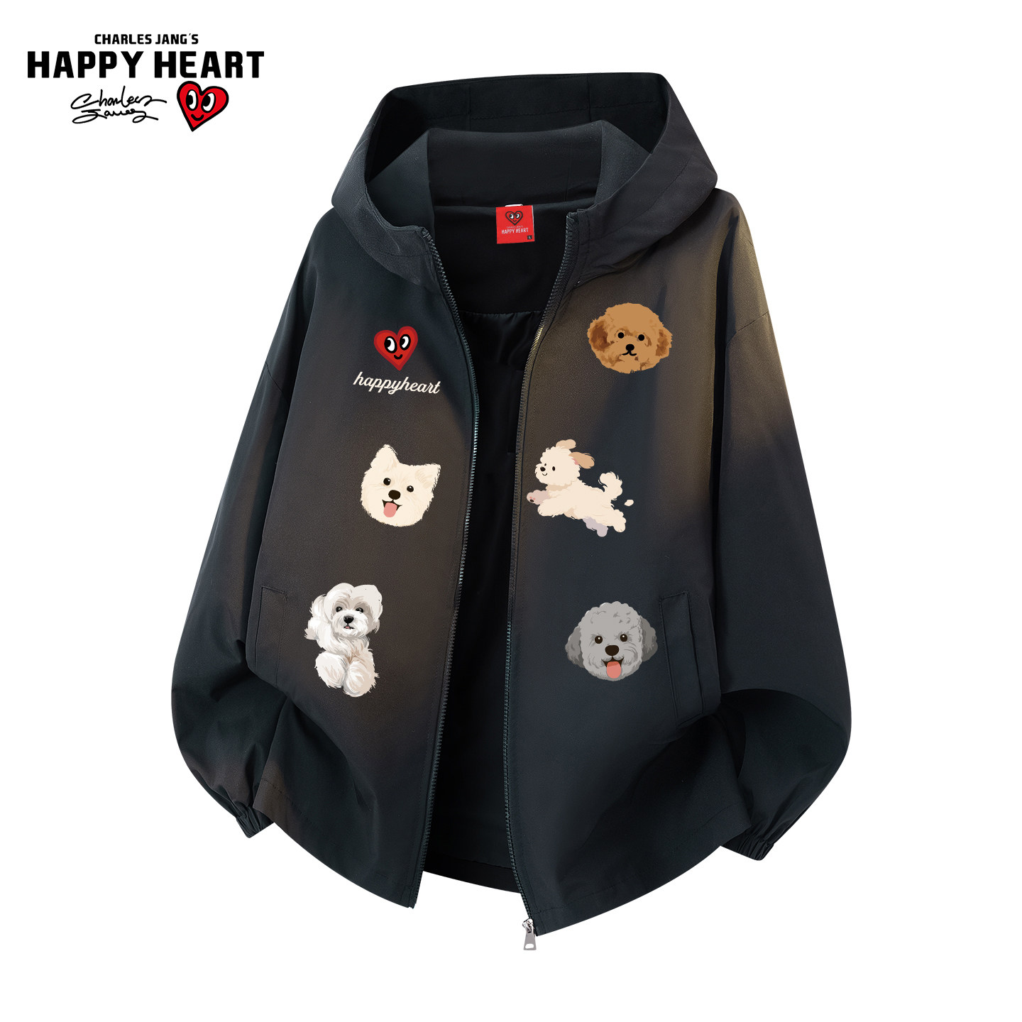 查尔斯桃心美式小狗印花夹克男女春秋季新款潮牌防风情侣连帽外套