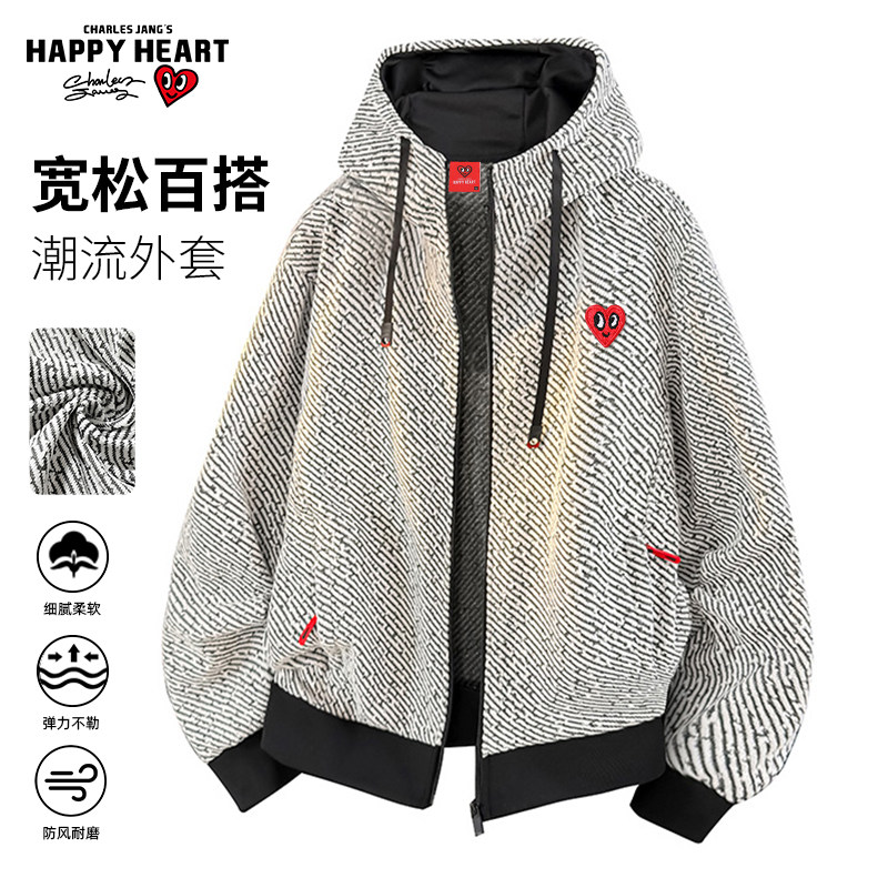 查尔斯桃心 美式复古针织条纹开衫卫衣男春秋季连帽休闲情侣外套