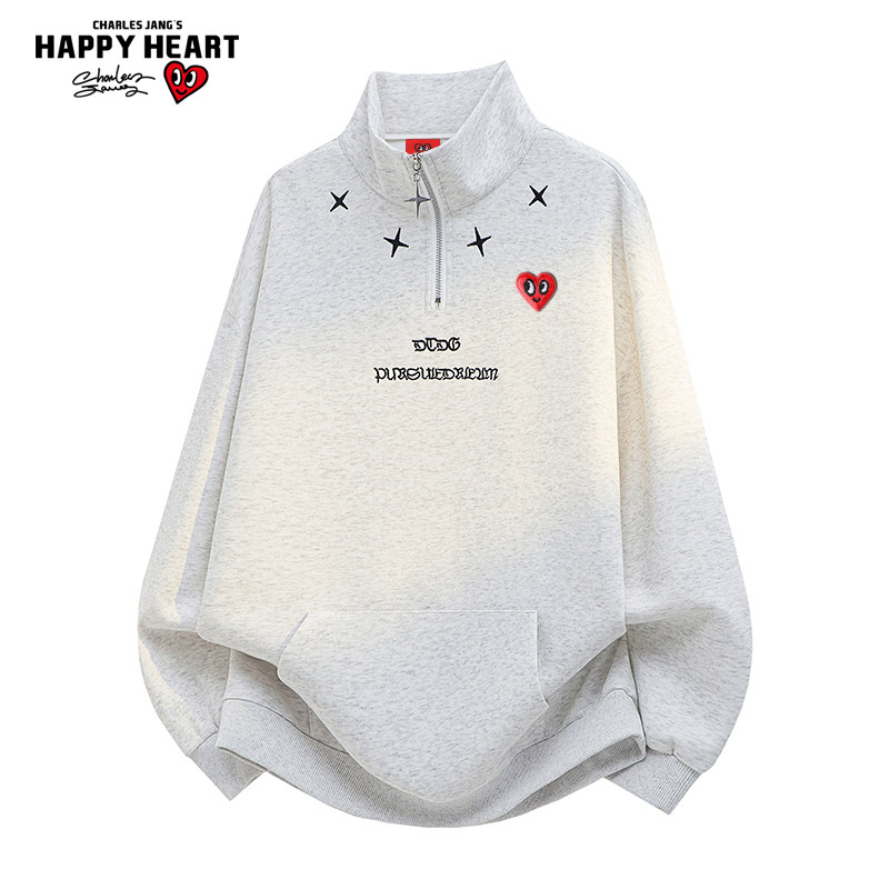 查尔斯桃心 美式半拉链四芒星刺绣立领卫衣春秋季百搭休闲情侣款
