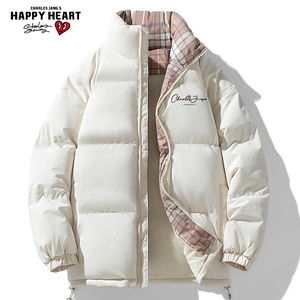 查尔斯桃心 手写花体格子立领棉服男款2025冬季加厚保暖棉袄外套