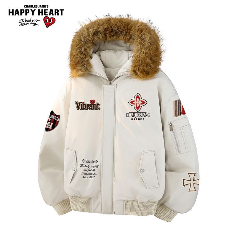 查尔斯桃心徽章毛领连帽棉衣外套