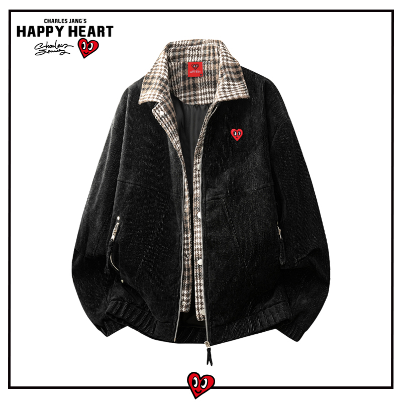 查尔斯桃心翻领假两件拼接夹克外套男春秋季美式复古格子休闲上衣
