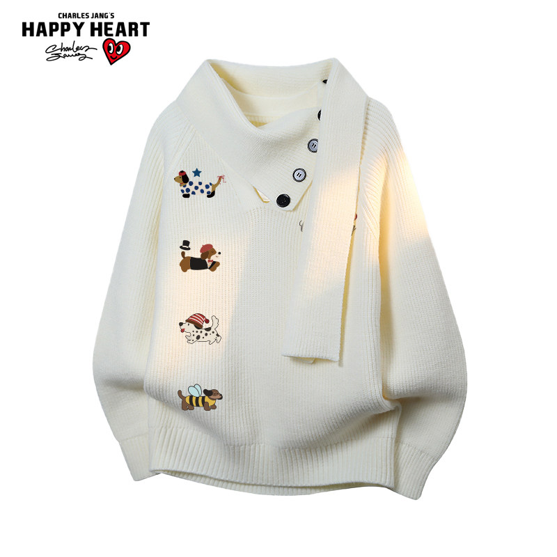 查尔斯桃心小狗印花围脖拼接毛衣男女冬季新款慵懒情侣针织衫上衣