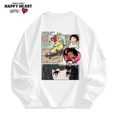 查尔斯桃心 宽松上衣 T恤男女春秋季 美式 分格动漫卡通印花圆领长袖