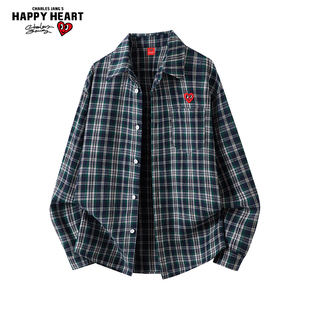 查尔斯桃心美式复古休闲格子衬衫男女春秋季百搭宽松长袖衬衣外套