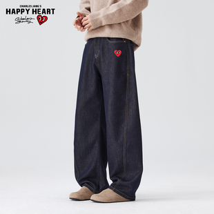 查尔斯桃心美式丹宁蓝原牛牛仔裤男女春秋挺阔直筒宽松百搭长裤子