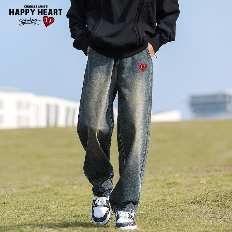 查尔斯桃心牛仔裤男直筒休闲百搭潮流高街宽松美式复古浅蓝长裤子