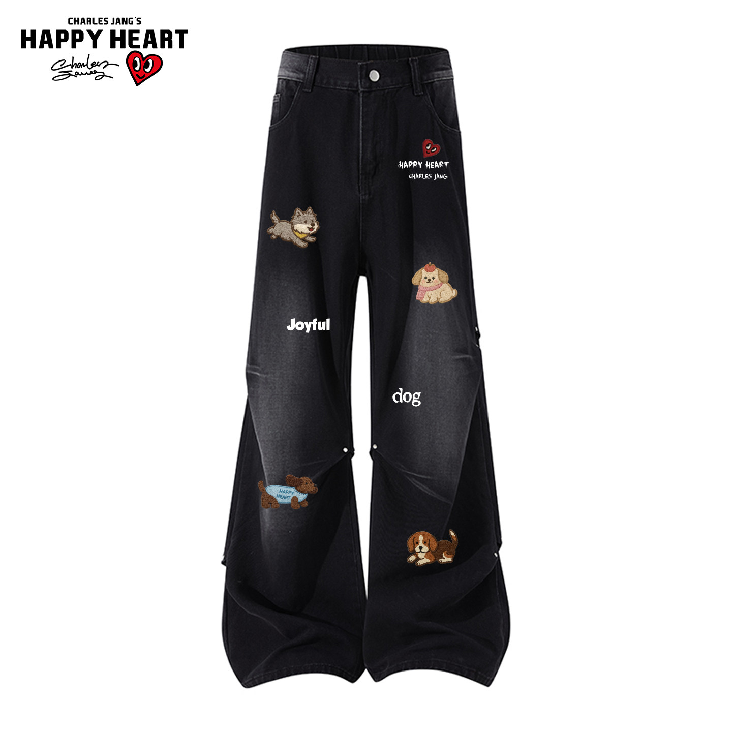 查尔斯桃心 美式小狗铆钉褶皱牛仔裤男女款春秋冬季高街直筒长裤