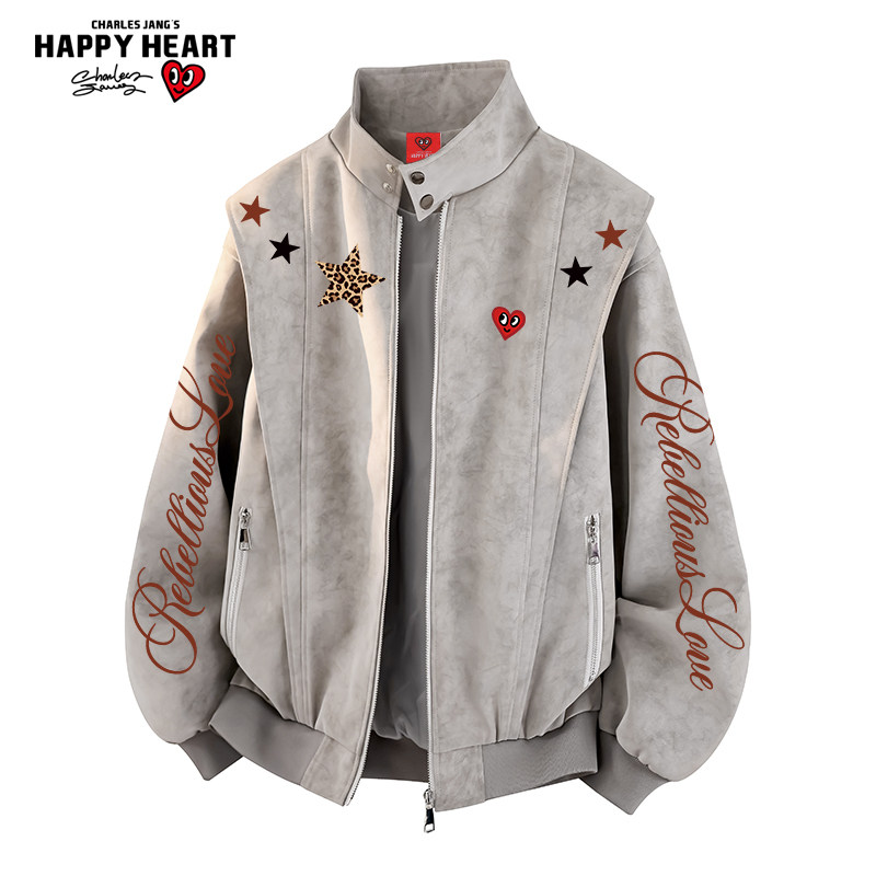 查尔斯桃心 美式复古星星字母印花夹克男春上新潮流百搭情侣外套