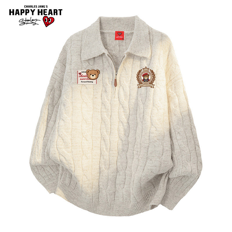 查尔斯桃心 麻花纹半拉链毛衣男翻领小熊印花潮牌新款百搭针织衫