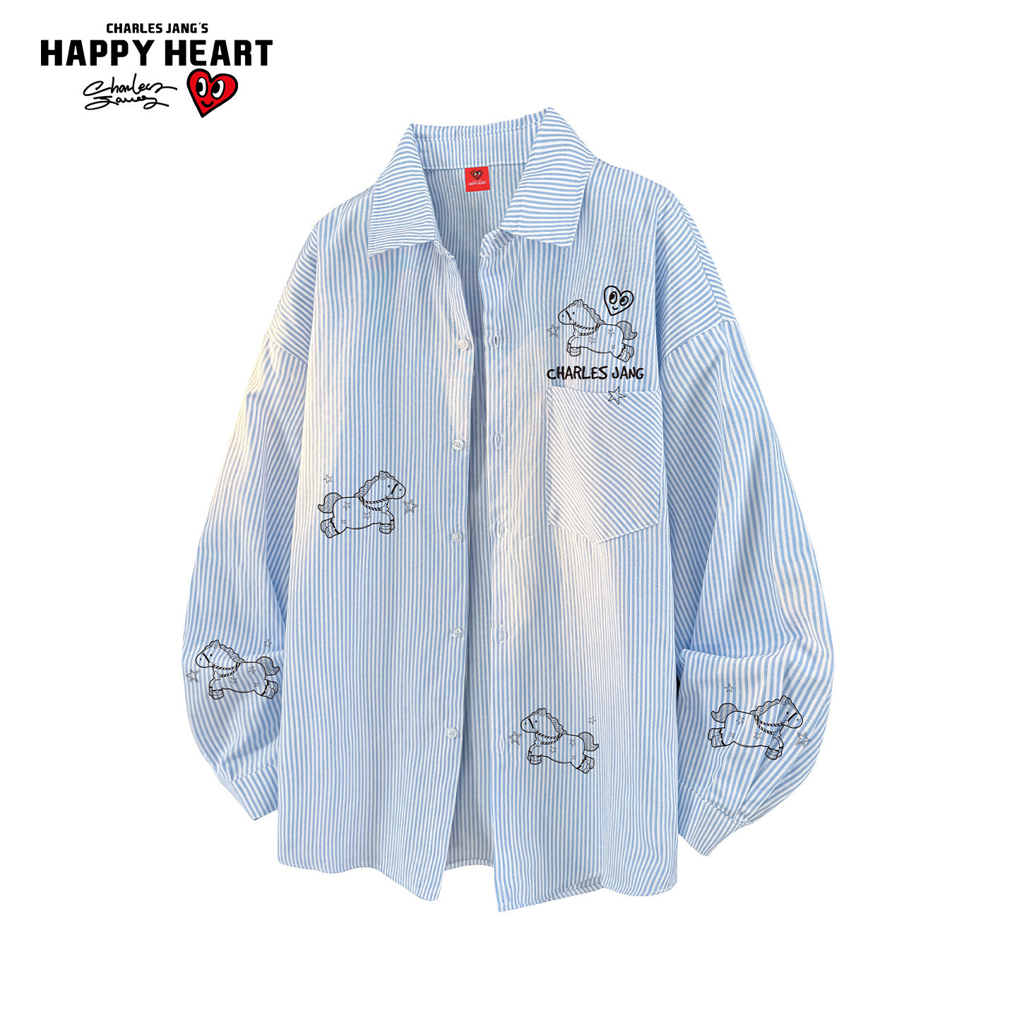 查尔斯桃心美式趣味小马印花长袖衬衫男女款休闲宽松条纹衬衣外套