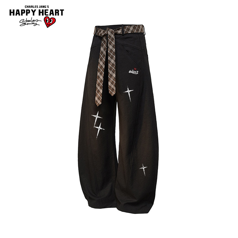 查尔斯桃心十字架印花弯刀裤男女春秋季2026新款宽松直筒休闲裤子