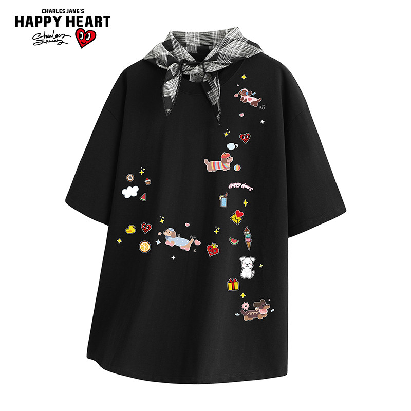 查尔斯桃心 美式腊肠狗贴纸印花纯棉短袖T恤男女重磅宽松上衣情侣