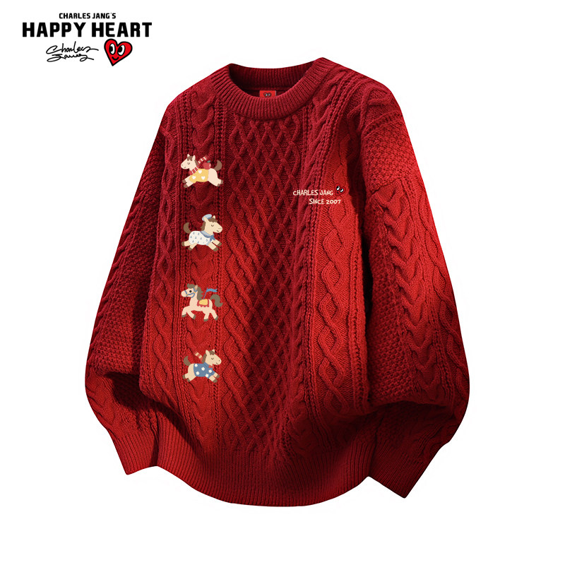 查尔斯桃心马年2026新款圆领麻花红色毛衣男女冬季慵懒针织衫线衣
