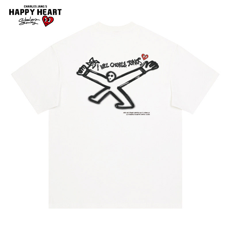 查尔斯桃心 美式涂鸦印花短袖T恤男女夏季纯棉宽松2026新款情侣