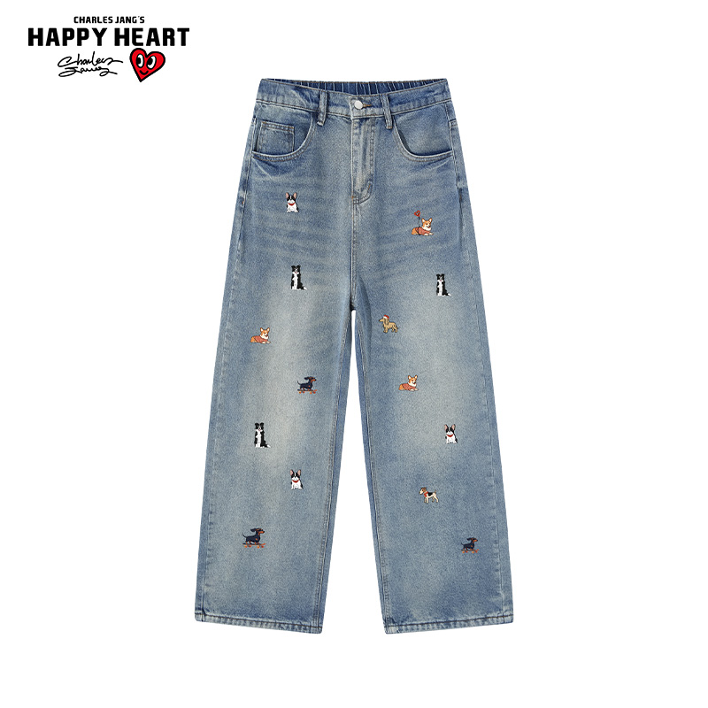 查尔斯桃心美式宠物印花牛仔裤