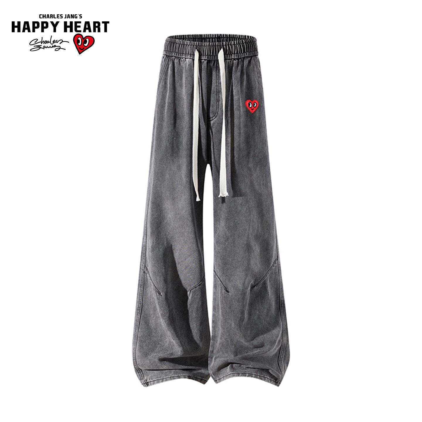 查尔斯桃心美式复古牛仔裤男秋冬季磨白水洗条纹拼接阔腿长裤子潮