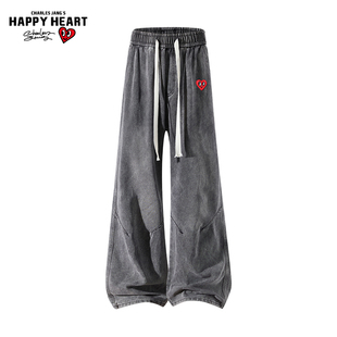 磨白水洗条纹拼接阔腿长裤 男秋冬季 子潮 复古牛仔裤 查尔斯桃心美式