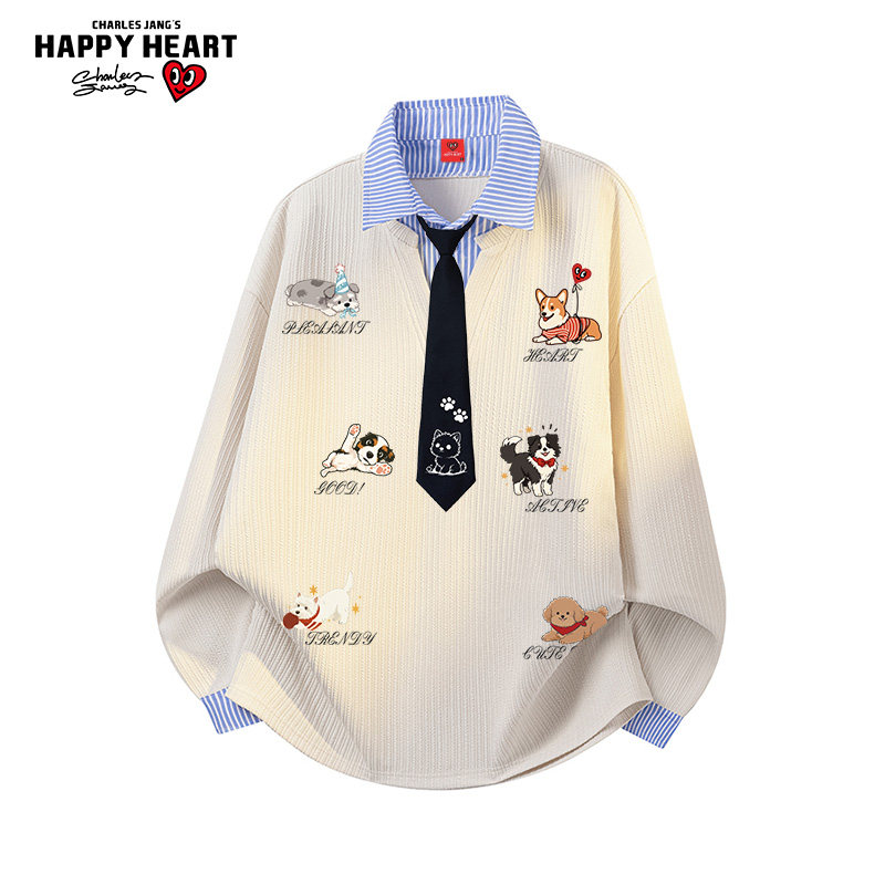 查尔斯桃心美式衬衫领带假两件卫衣男春秋季宠物印花休闲情侣上衣,男装,卫衣,淘宝优惠券,粉丝福利购,淘宝优惠卷