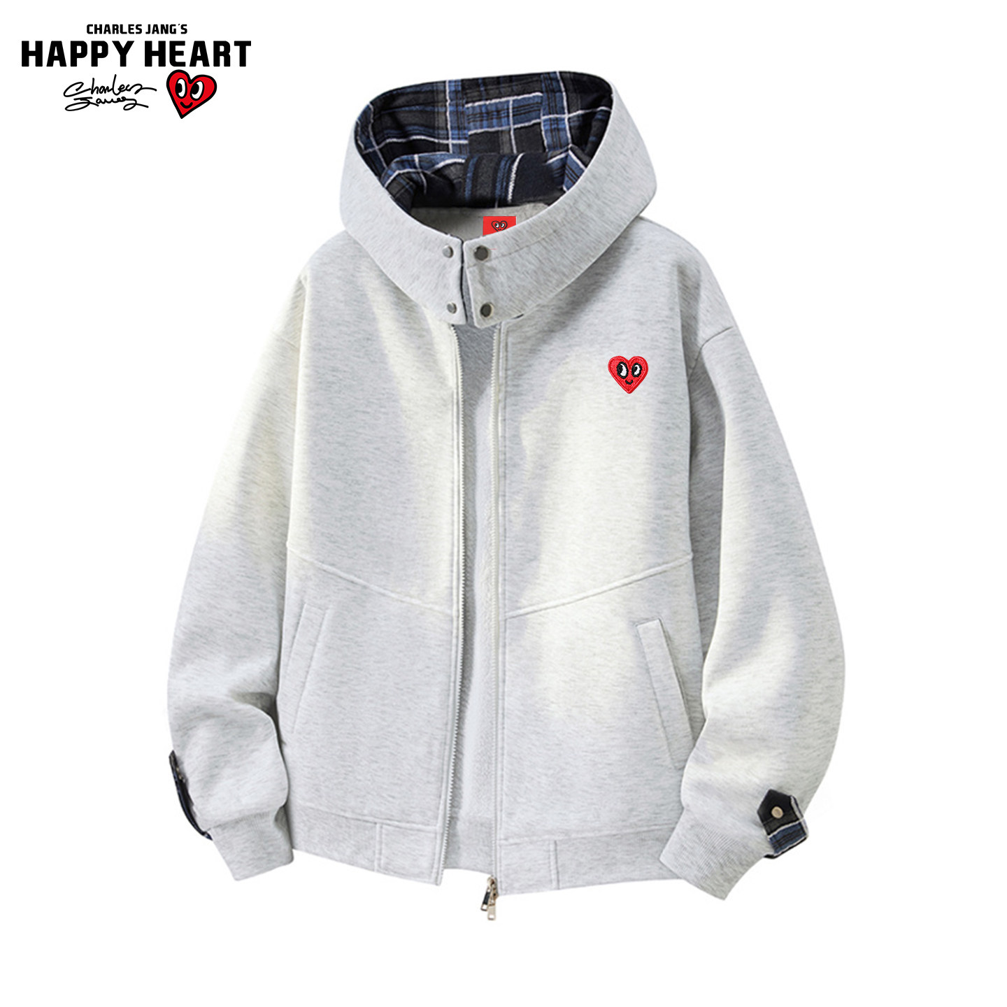 查尔斯桃心 美式格子连帽开衫卫衣男女秋冬季加绒加厚慵懒风外套