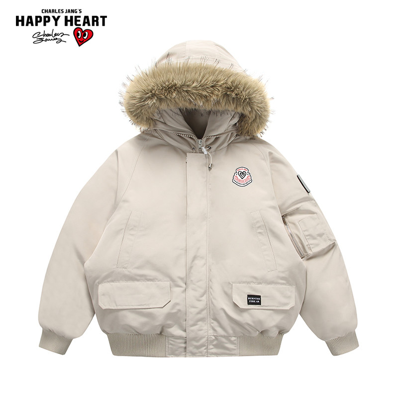 查尔斯桃心美式冬季棉服外套男女宽松情侣加厚毛领派克棉衣外套潮