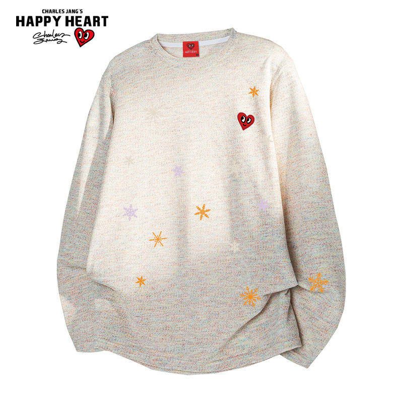 查尔斯桃心 美式彩点雪花印花圆领长袖T恤男女春夏季罩衫轻薄情侣