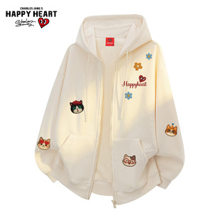 小猫印花宽松百搭情侣外套 连帽卫衣男秋冬季 查尔斯桃心新款 开衫