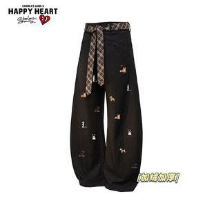 直筒长裤 新款 男女冬季 查尔斯桃心趣味小狗印花加绒加厚休闲弯刀裤