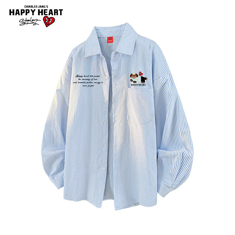 查尔斯桃心美式腊肠狗字母条纹长袖衬衫男女春秋休闲情侣潮牌外套