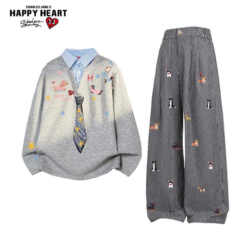 查尔斯桃心假两件领带学院风衬衫领卫衣休闲套装男情侣条纹长裤子