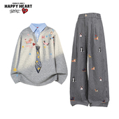 男情侣条纹长裤 查尔斯桃心假两件领带学院风衬衫 领卫衣休闲套装 子