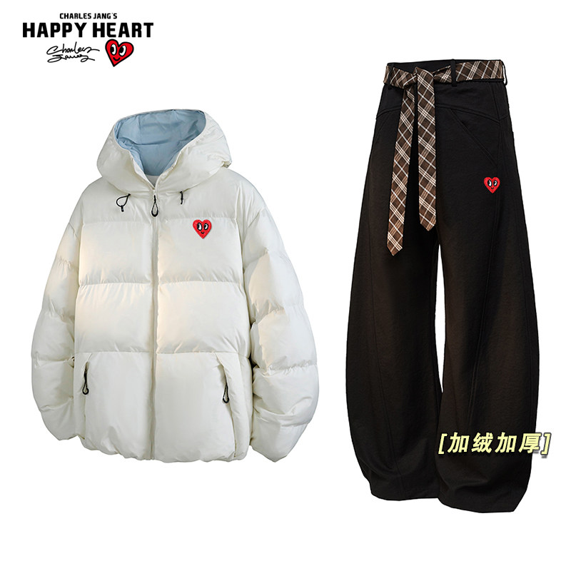 查尔斯桃心休闲套装男女冬季新款宽松连帽棉服直筒加绒加厚裤子潮,男装,休闲运动套装,淘宝优惠券,粉丝福利购,淘宝优惠卷