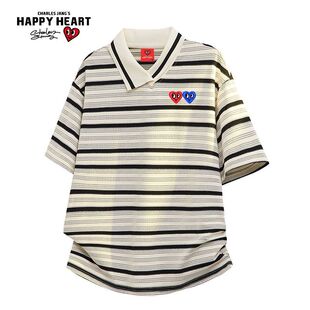 T恤情侣 短袖 查尔斯桃心老钱风美式 复古撞色条纹双爱心刺绣POLO衫