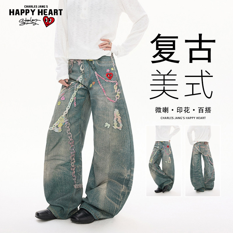 查尔斯桃心3D链条数码印花牛仔裤男新款宽松直筒弯刀情侣阔腿长裤