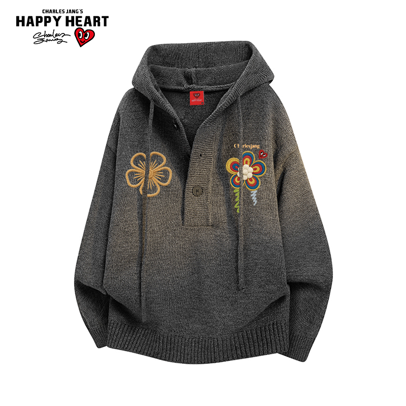 查尔斯桃心花朵印花连帽毛衣外套男女冬季新