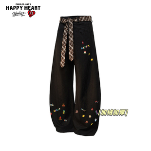 百搭弯刀情侣裤 新款 子 男女冬季 查尔斯桃心趣味印花加绒加厚休闲裤