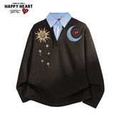 领卫衣男秋季 查尔斯桃心美式 假两件学院风衬衫 宽松休闲情侣上衣服