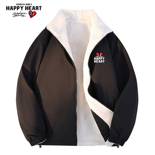 查尔斯桃心 双面穿羊羔绒棉服男款冬季品牌Logo印花加厚立领外套