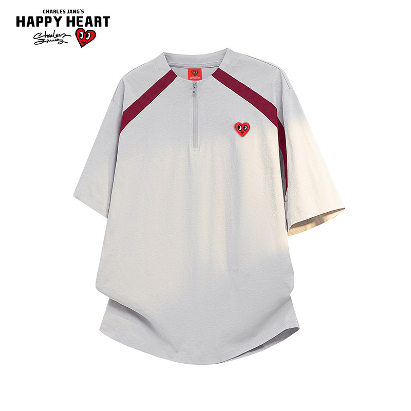 查尔斯桃心半拉链运动条纹短袖T恤男女夏季2026新款休闲潮流上衣,男装,T恤,淘宝优惠券,粉丝福利购,淘宝优惠卷