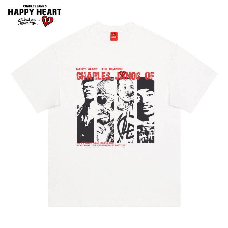 查尔斯桃心 美式嘻哈人物印花短袖T恤男夏季潮牌欧美风纯棉情侣款
