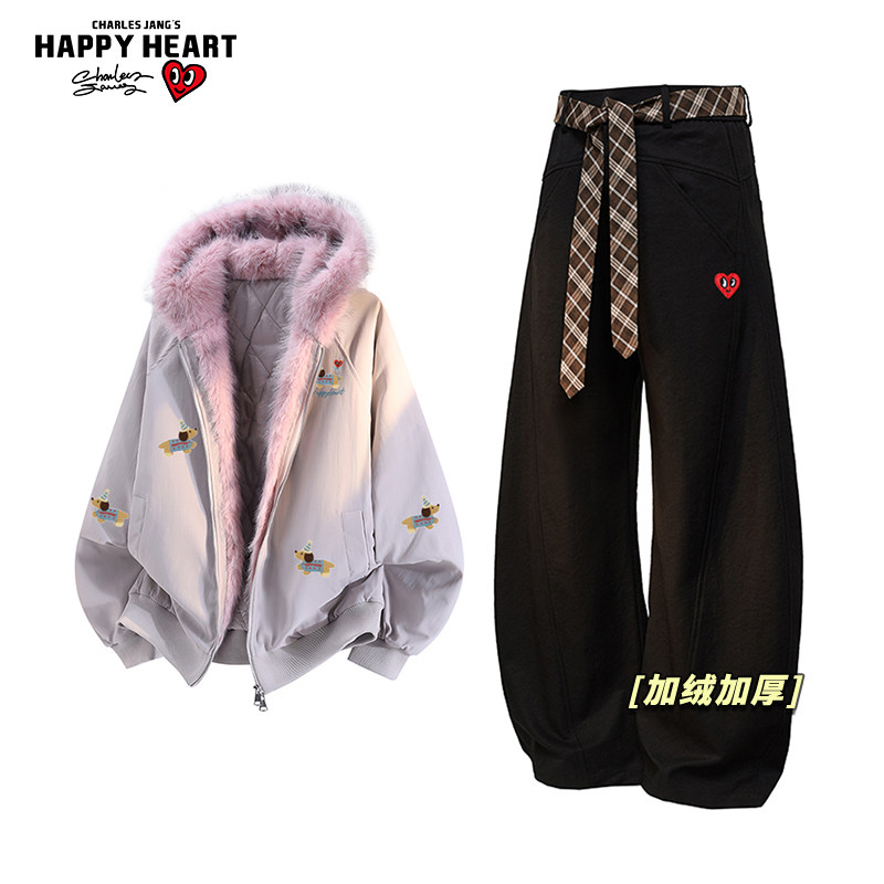 查尔斯桃心休闲套装男女冬季新款保暖座山雕棉服加绒加厚弯刀裤子,男装,休闲运动套装,淘宝优惠券,粉丝福利购,淘宝优惠卷