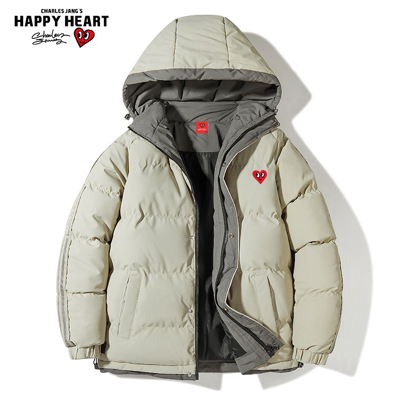 CHARLES PEACH HEART WINTER THICKENED COTTON JACKET MENS 2024 NEW HOODED LOVE COAT CLOTHES AUTUMN AND WINTER STYLE