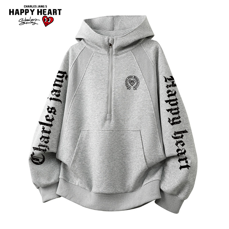 查尔斯桃心美式半拉链字母印花连帽卫衣男春秋季休闲长袖套头外套