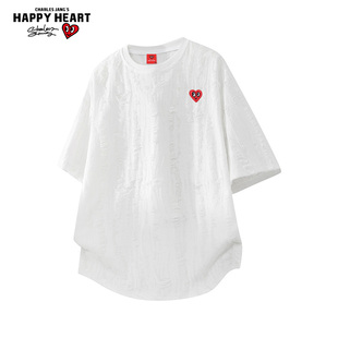 透气休闲情侣半袖 查尔斯桃心 t恤男夏季 高街圆领破洞短袖 体恤 美式